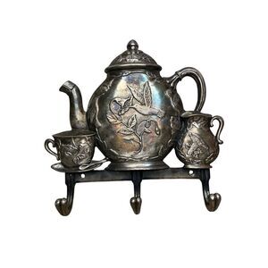 Vintage Tea Set Wall Hanger with 3 Hooks Silver Plated Kitchen home Decor